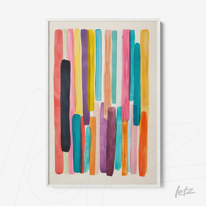 framed artwork featuring vibrant abstract design with colorful stripes in pink, blue, orange, and purple