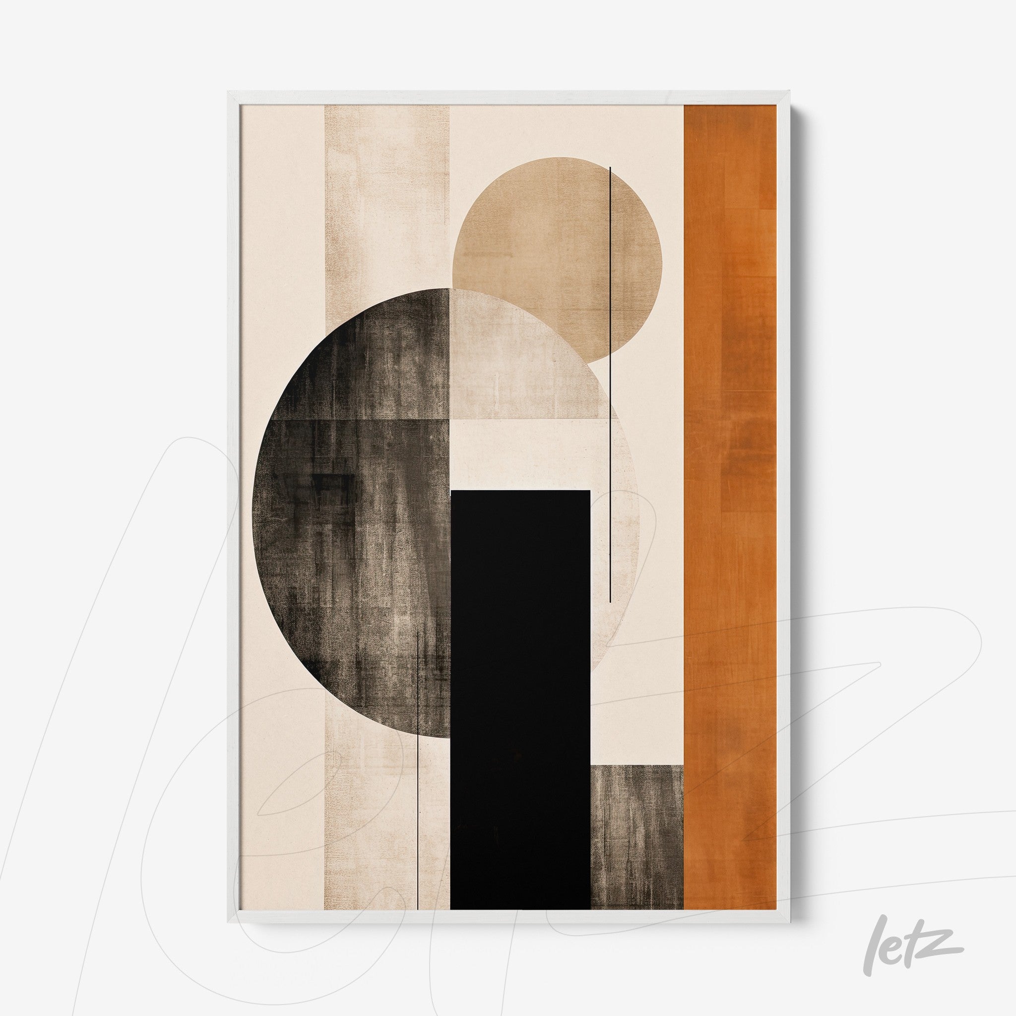 framed abstract art featuring earthy tones and prominent geometric shapes, white frame