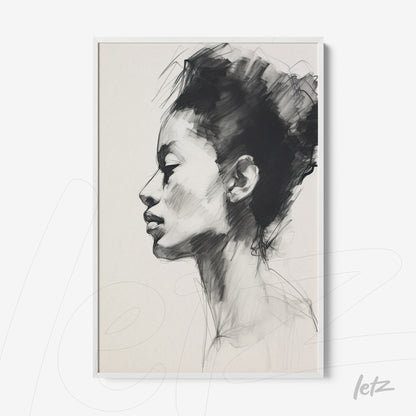 framed artwork featuring a minimalist profile portrait of a woman in a white frame