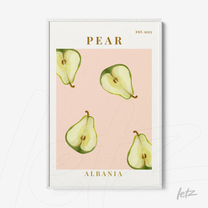 framed wall art featuring pears on a pink background with white frame
