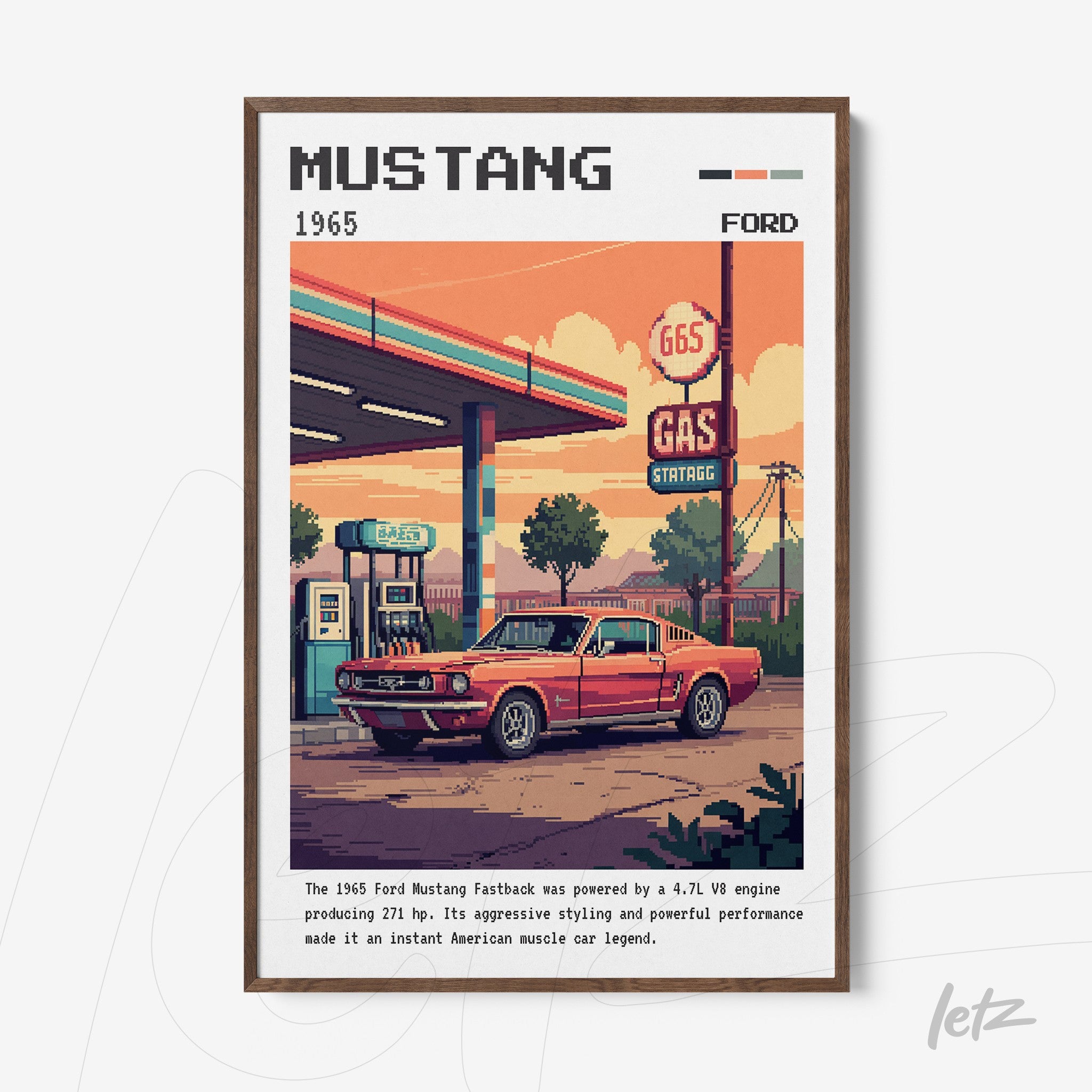 framed pixel art of a 1965 Ford Mustang parked at a vintage gas station with dark brown frame