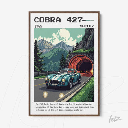 framed wall art featuring a retro illustration of a Shelby Cobra 427 car driving on a mountain road