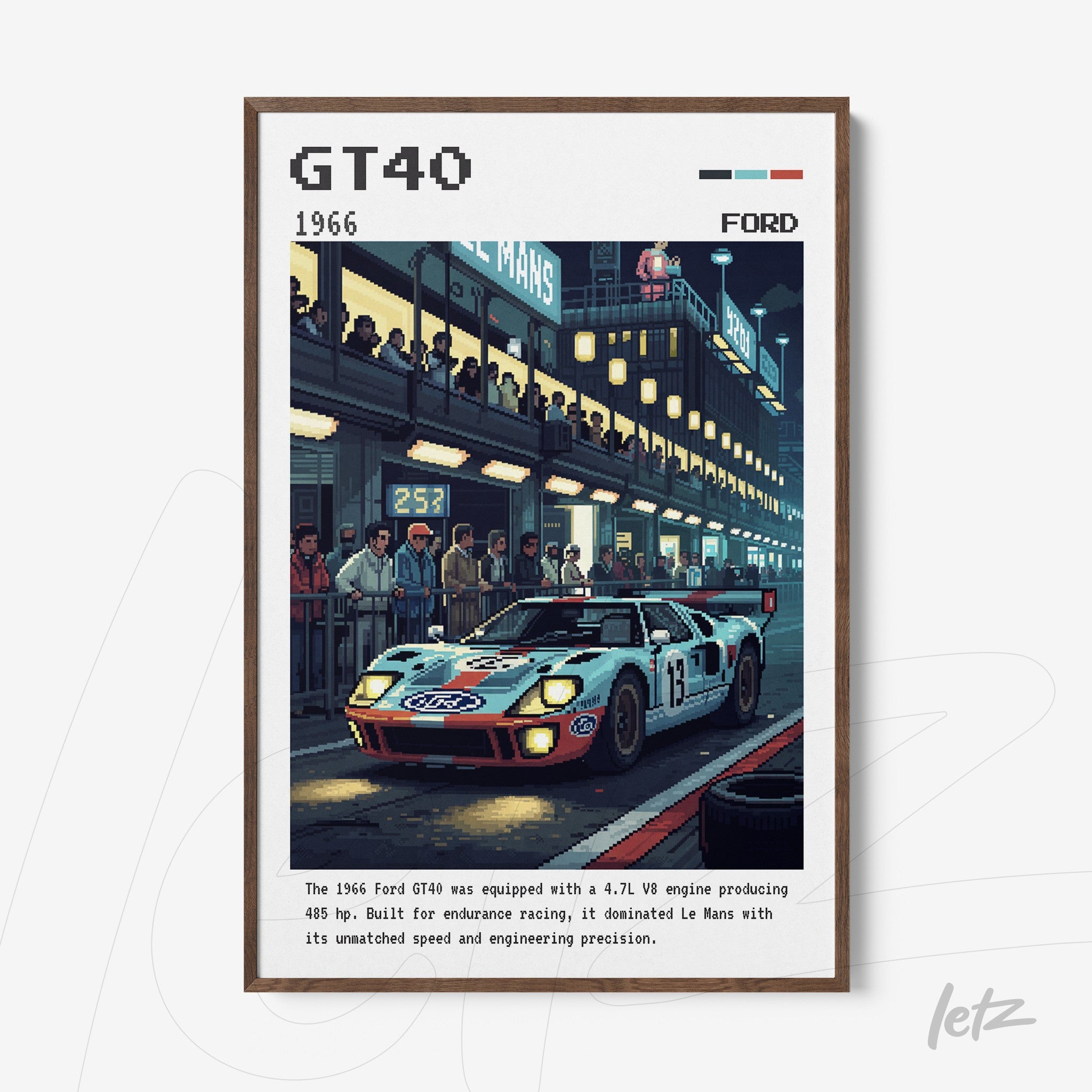 retro art print of the 1966 Ford GT40 car with brown frame