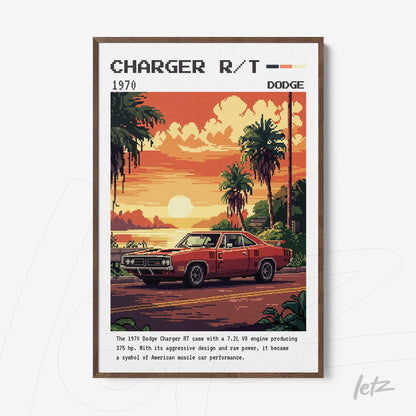 retro style framed art of 1970 Dodge Charger R/T with dark wood frame