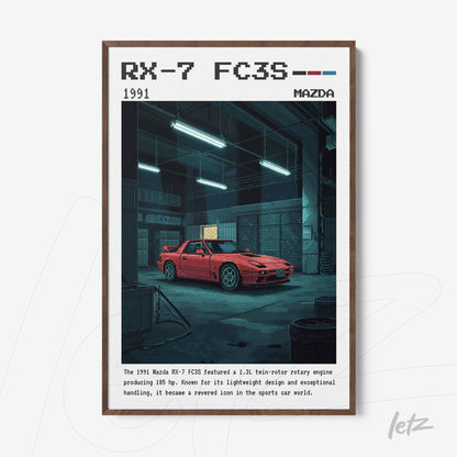 framed pixel art illustration of a 1991 Mazda RX-7 FC3S in dark frame