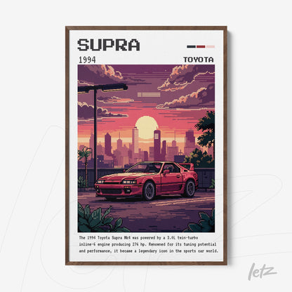 framed pixel art of the 1994 Toyota Supra with dark wood frame