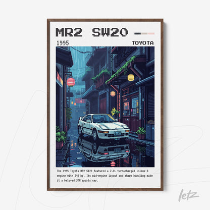 framed retro illustration of Toyota MR2 SW20 sports car in rainy urban scene with dark wood frame