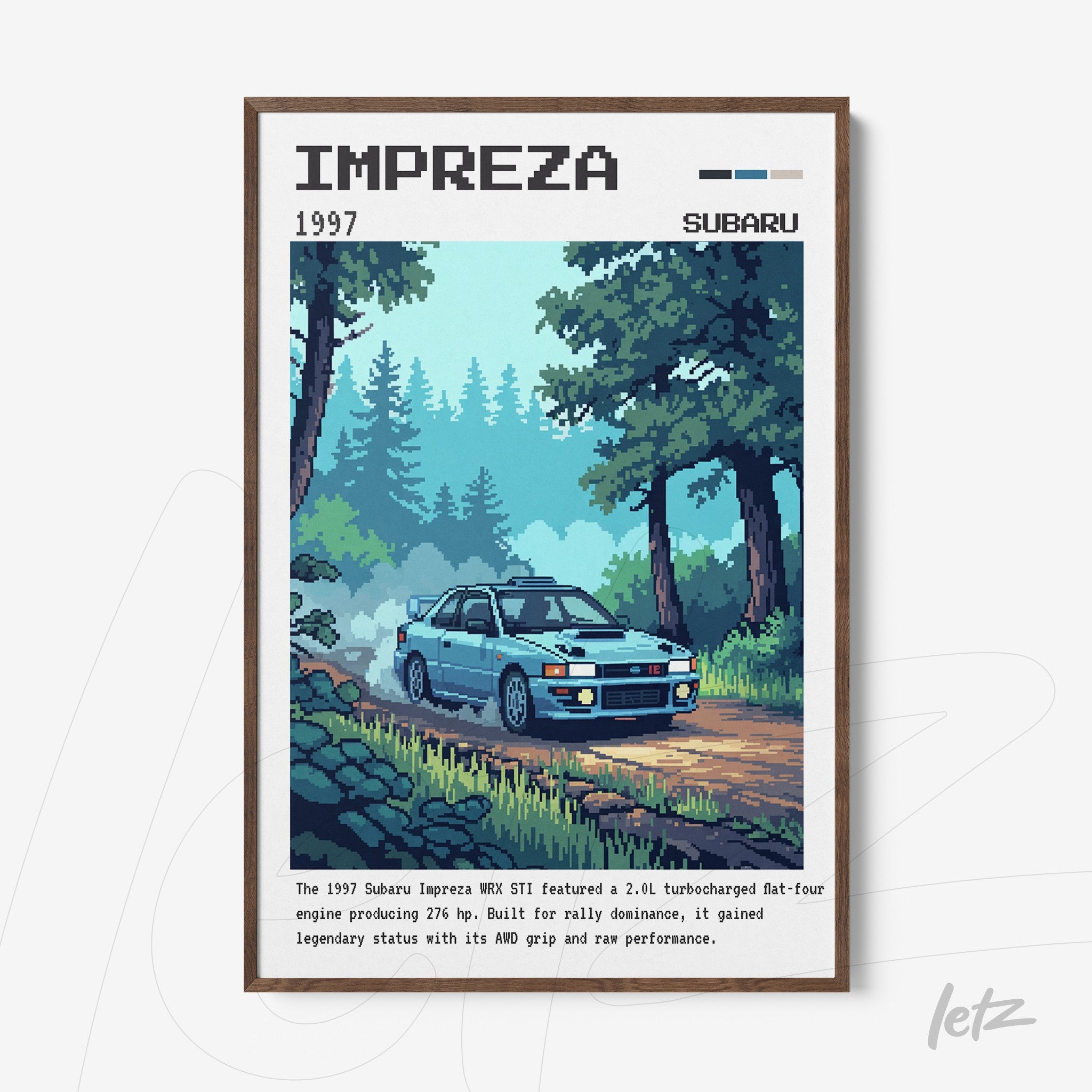 framed digital artwork of a Subaru Impreza WRX STI in a forest landscape with dark wood frame
