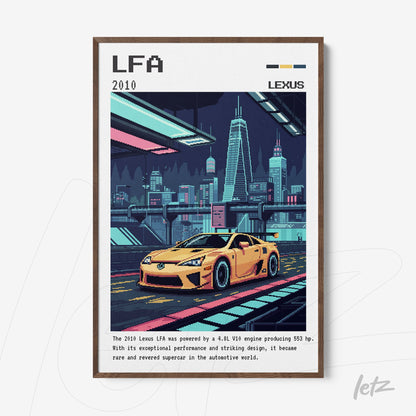 framed digital art of the 2010 Lexus LFA sports car with dark wooden frame against a vibrant cityscape