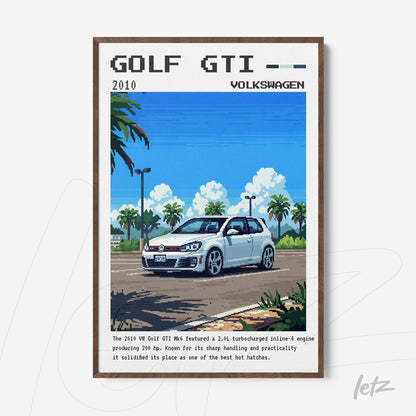 pixel art framed illustration of a 2010 Volkswagen Golf GTI in an urban landscape with trees