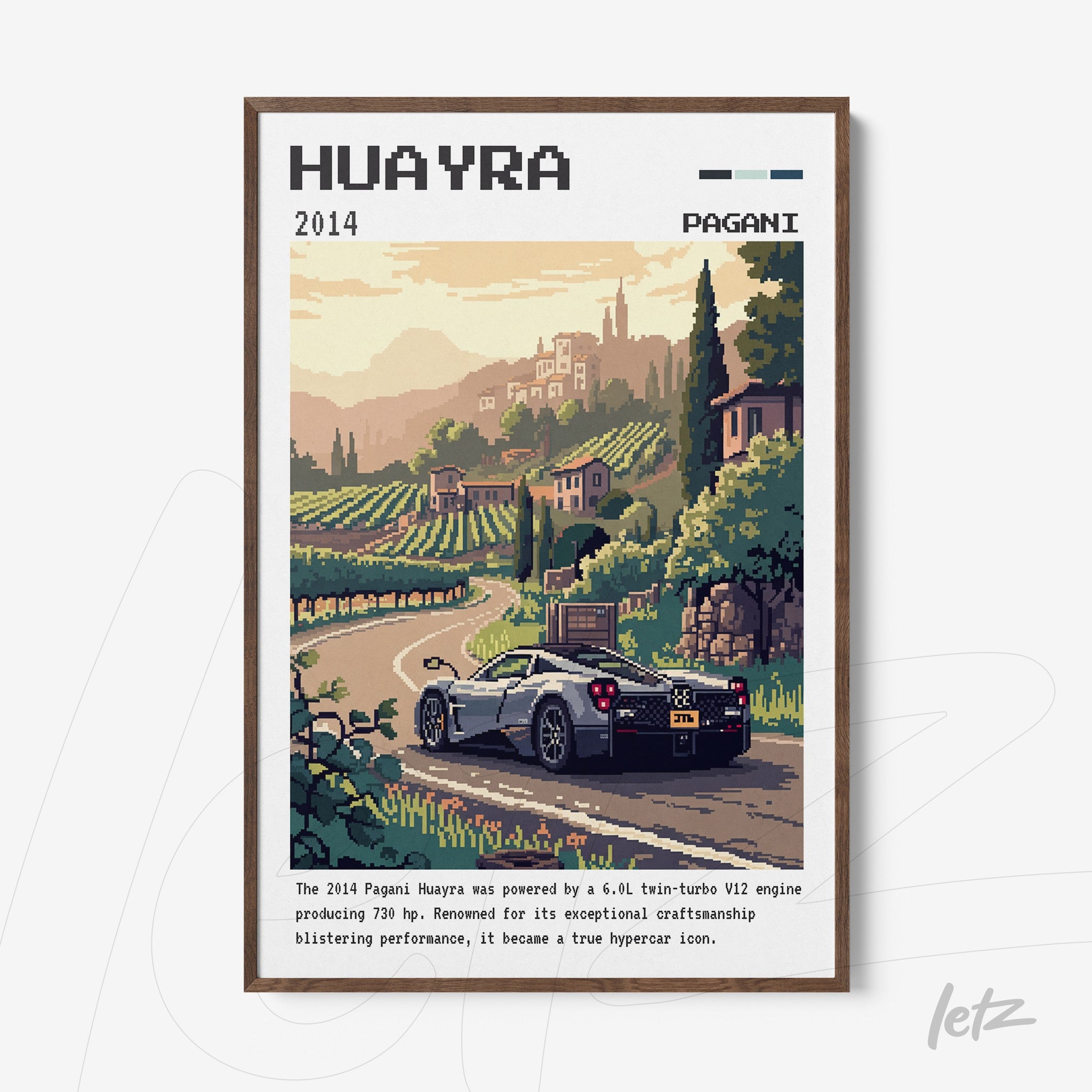 pixel art poster of Pagani Huayra car set in a rural landscape with vineyards