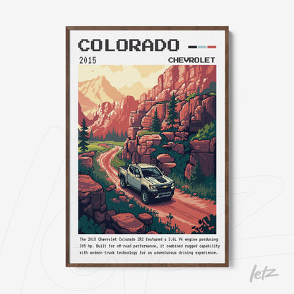 pixel art framed wall art featuring a mountainous landscape with a pickup truck on a dirt road