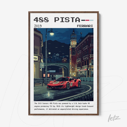 framed digital art of Ferrari 488 Pista in a night scene with dark wood frame