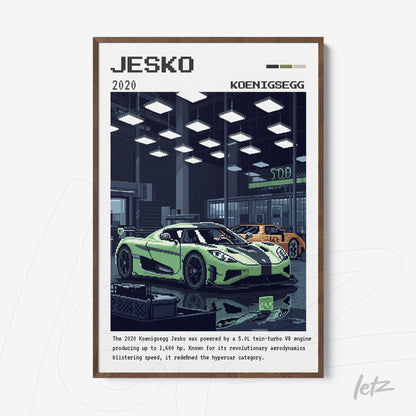 framed wall art featuring a digital illustration of the Koenigsegg Jesko in a workshop setting with sports cars in the background