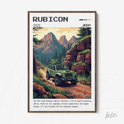 retro style framed artwork featuring a green Jeep Rubicon driving on a mountain road with a natural wood frame