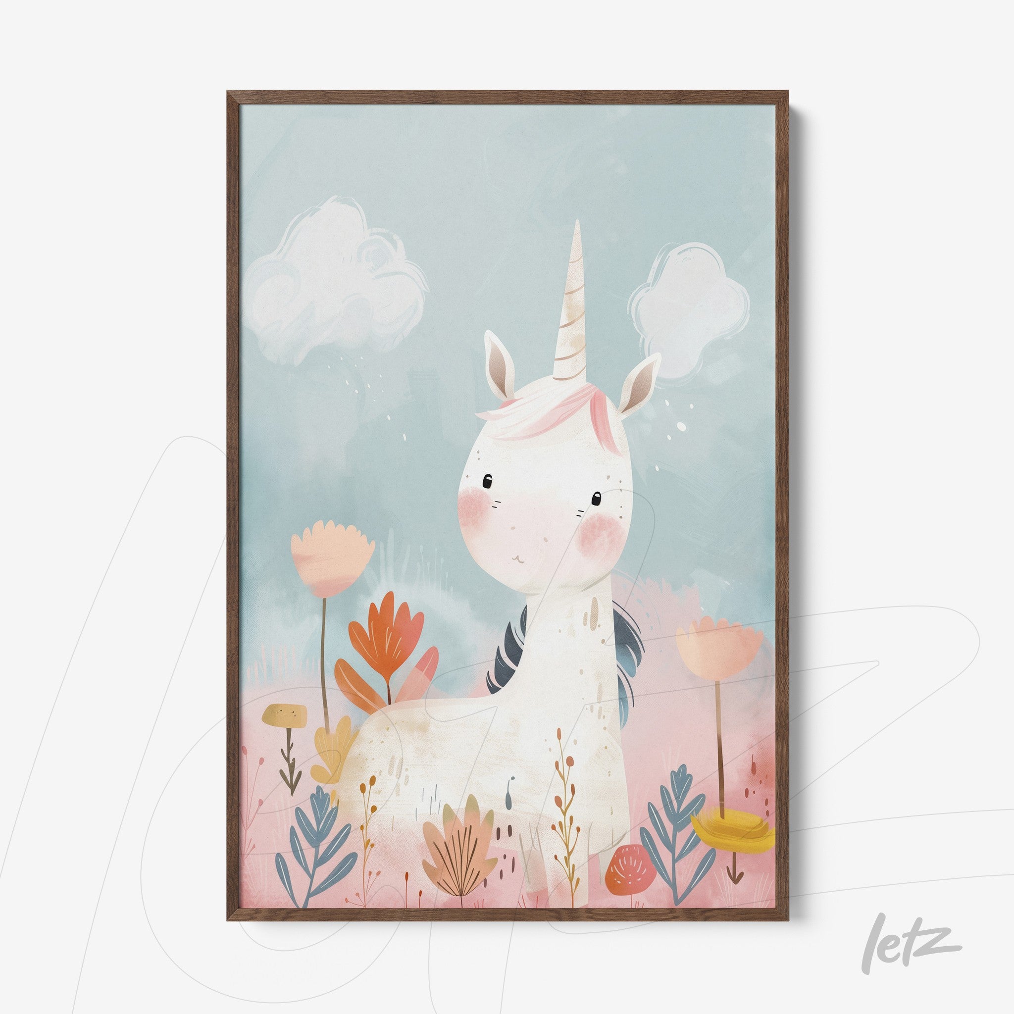 framed children's art featuring a unicorn on light blue background with pastel flowers and brown frame
