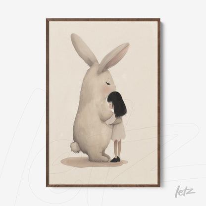 framed artwork featuring an illustration of a little girl in a light dress hugging a large fluffy rabbit