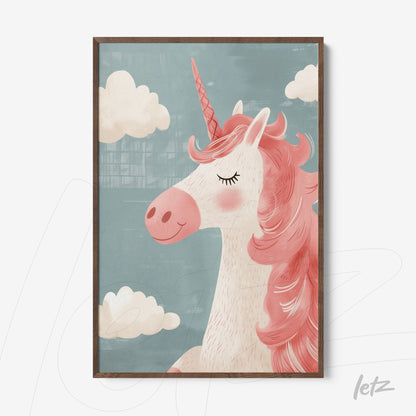 framed art of a gentle unicorn with pink mane and light blue background in dark wood frame