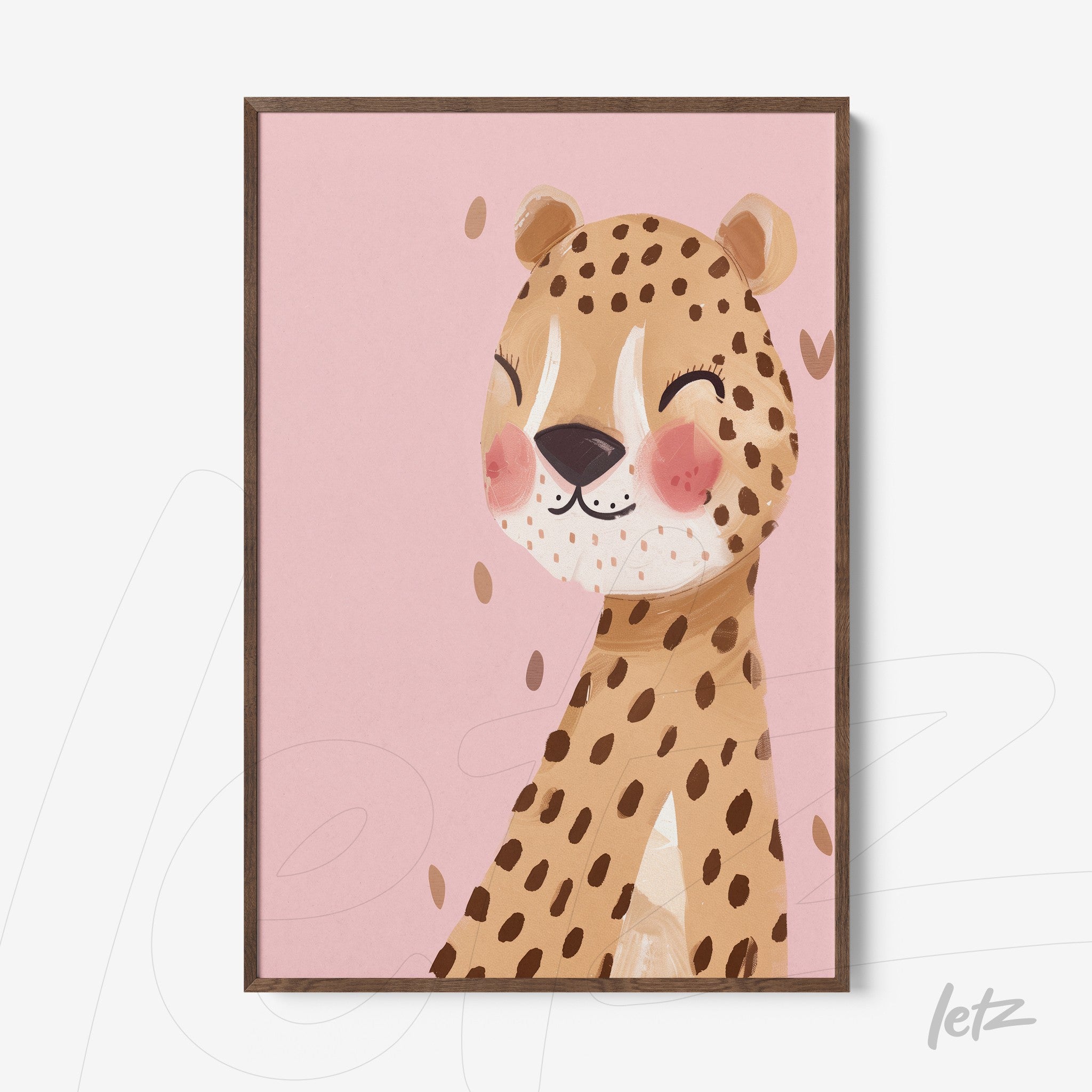 framed wall art of a smiling leopard illustration with light wood frame on pink background