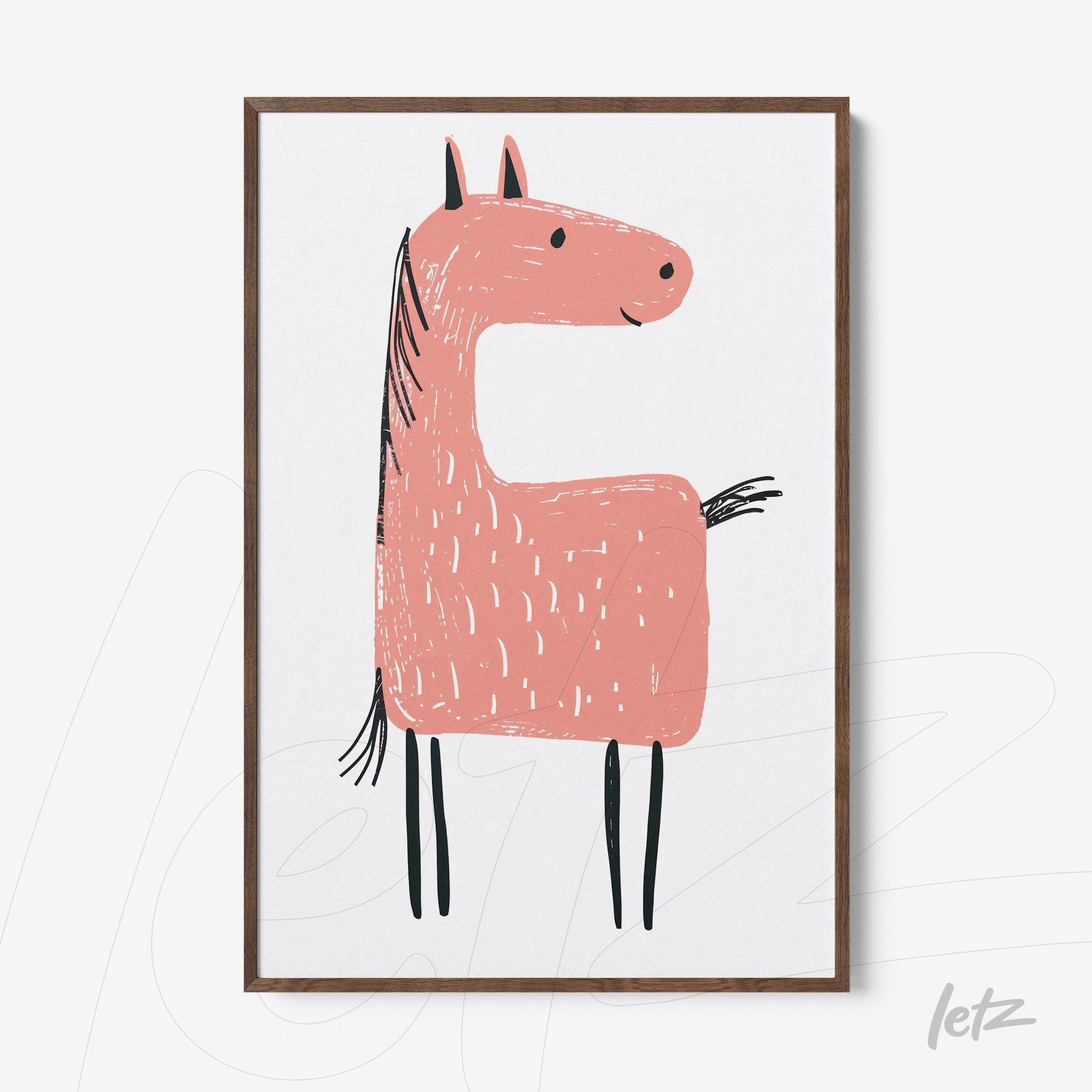 framed artwork featuring a stylized pink horse illustration with a dark wood frame