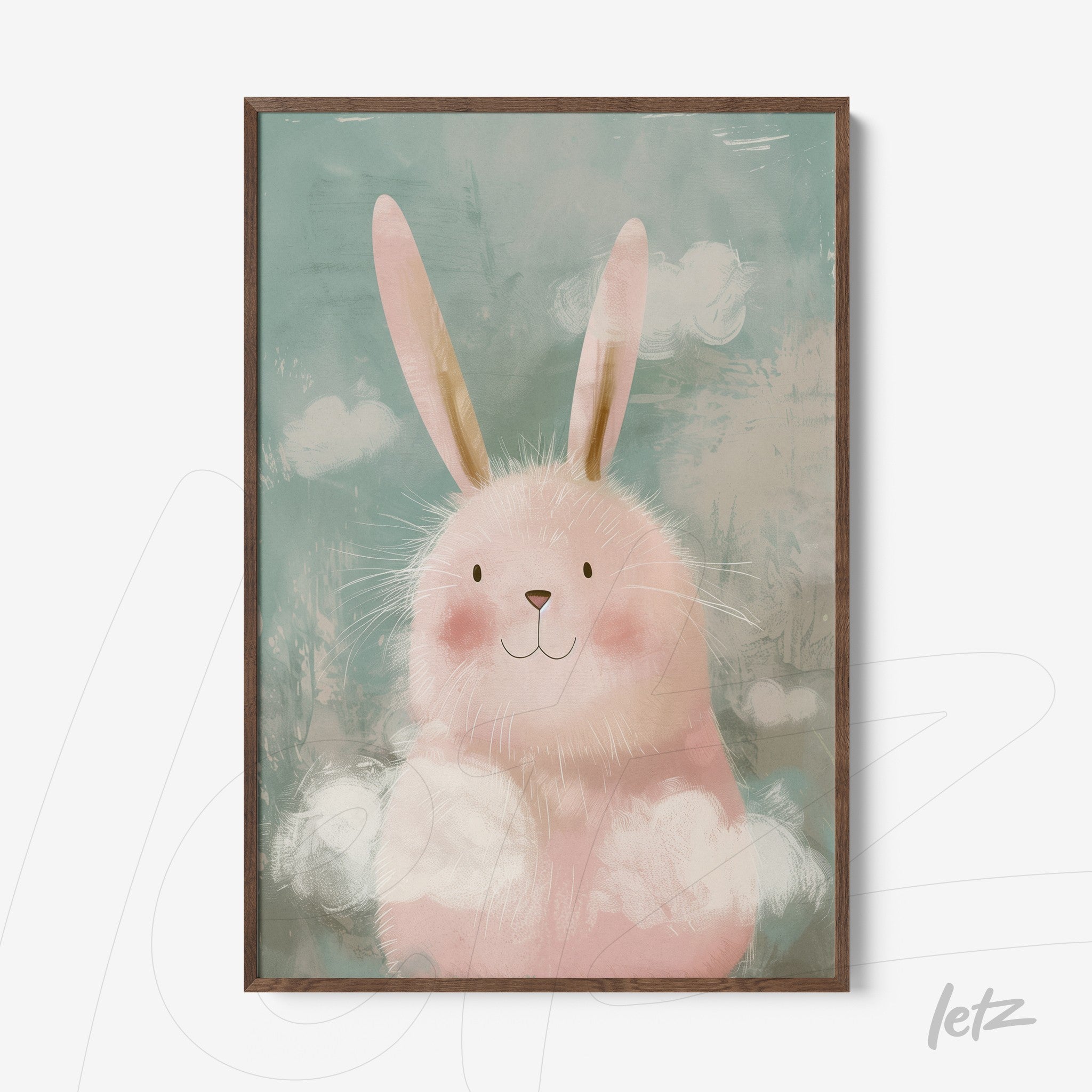 framed wall art of a pink bunny illustration with a blue background and white clouds