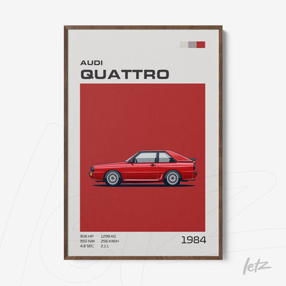 framed artwork featuring the Audi Quattro car illustration with a red background and dark wooden frame