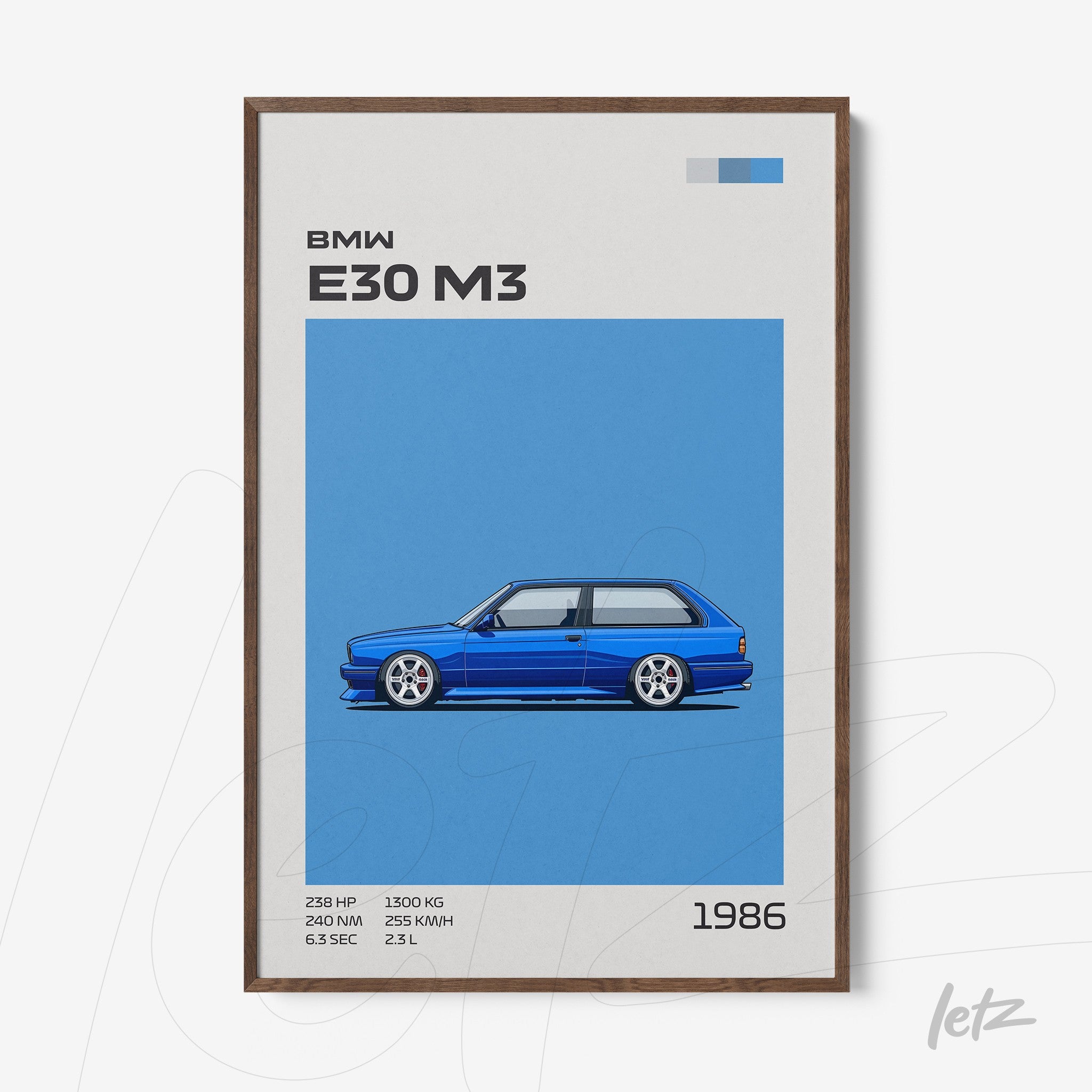 framed digital art of a blue BMW E30 M3, dark wood frame with a solid blue background