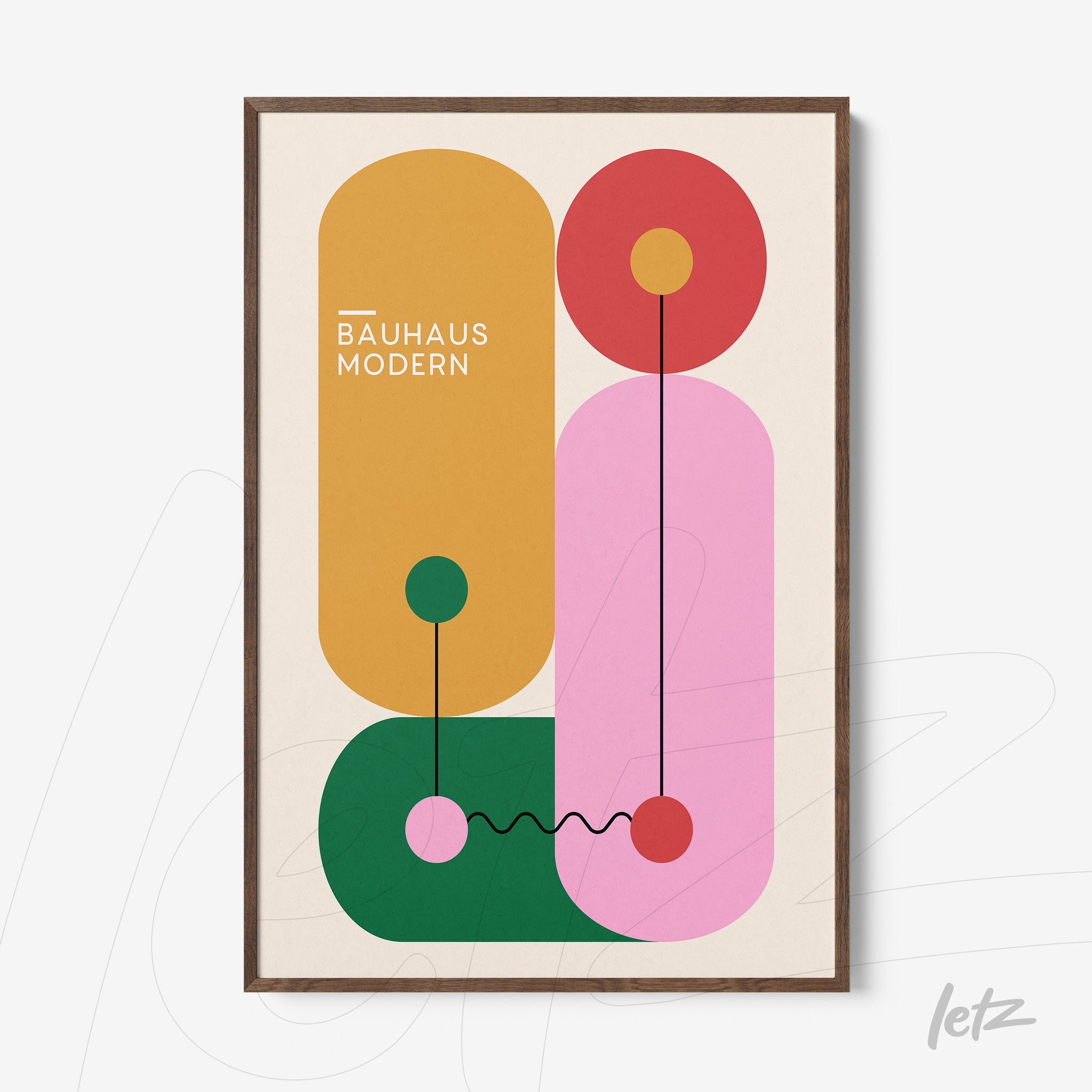 poster print with vibrant geometric art in a wooden frame