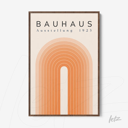 bauhaus style framed art with orange arches and black text in a dark wood frame