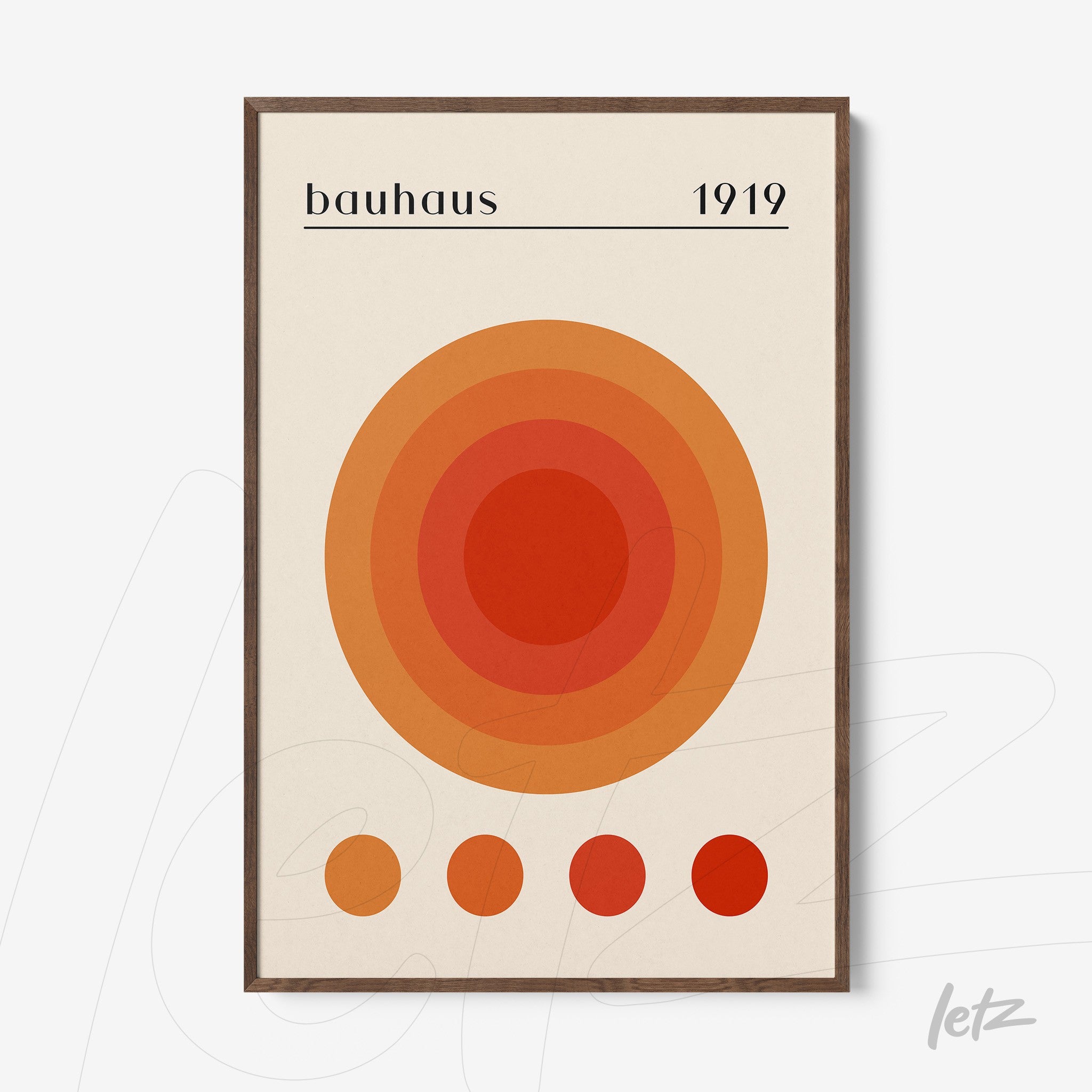 minimalist bauhaus movement art with concentric circles in shades of orange and dark wooden frame