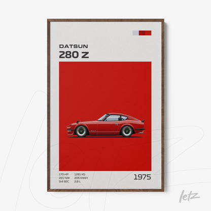 framed wall art featuring a digital illustration of a Datsun 280 Z in red background, with dark wood frame and performance details at the bottom