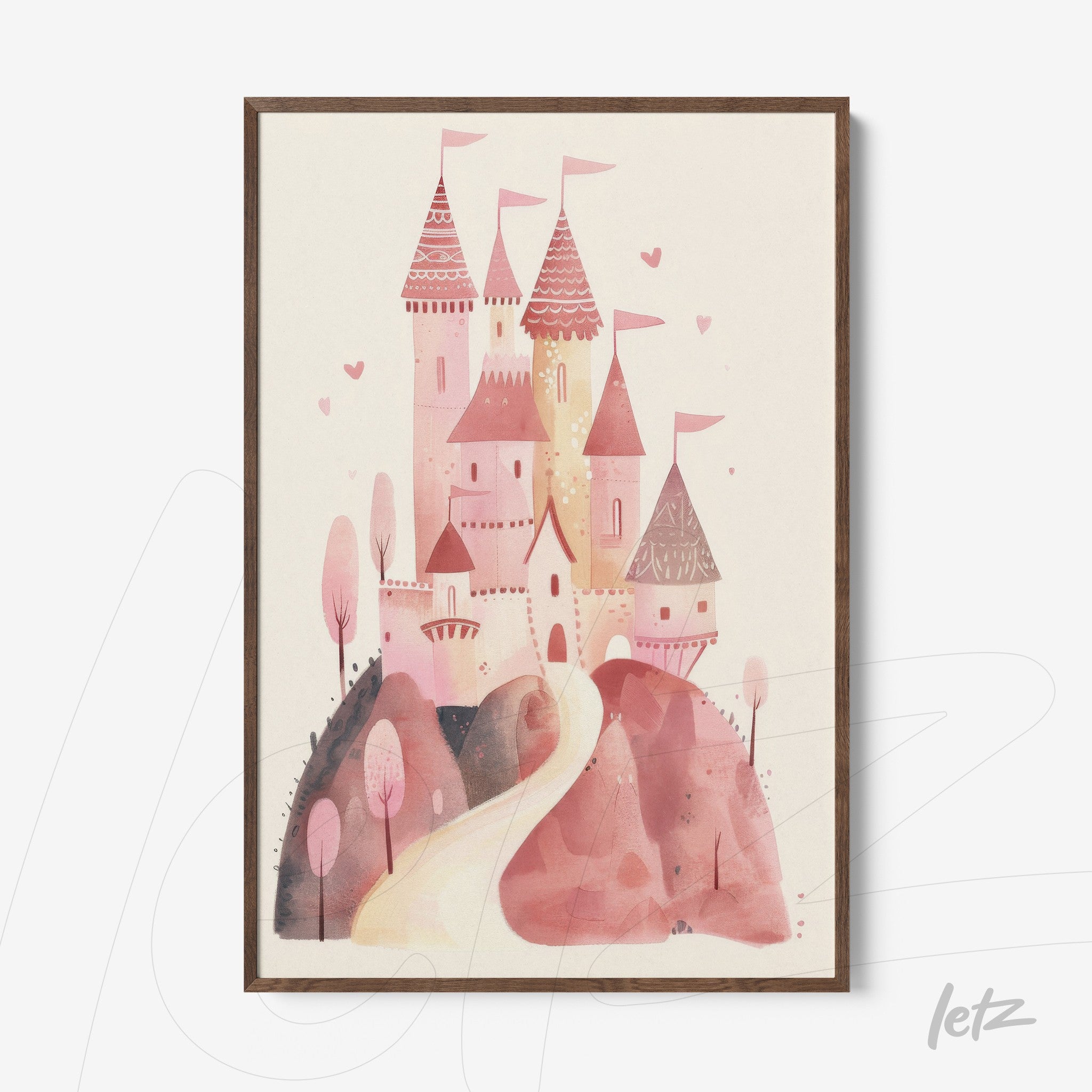 framed artwork featuring a pink castle in a whimsical style with dark wooden frame