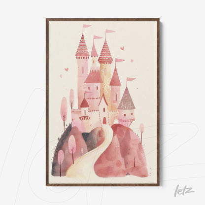 framed artwork featuring a pink castle in a whimsical style with dark wooden frame