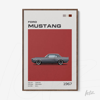 vintage style wall art of 1967 Ford Mustang in dark wood frame