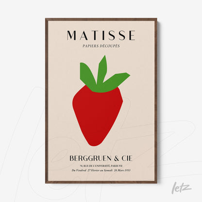 decorative frame with modern art of a stylized strawberry on a light background and dark wooden frame