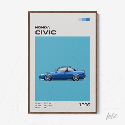 framed illustration of a 1996 Honda Civic on a blue background with dark wood frame