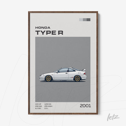 framed artwork featuring minimalist illustration of 2001 Honda Type R with wood frame