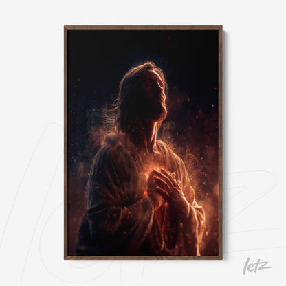 framed art piece depicting a religious figure of Jesus against a dark background with glowing effects and light wood frame