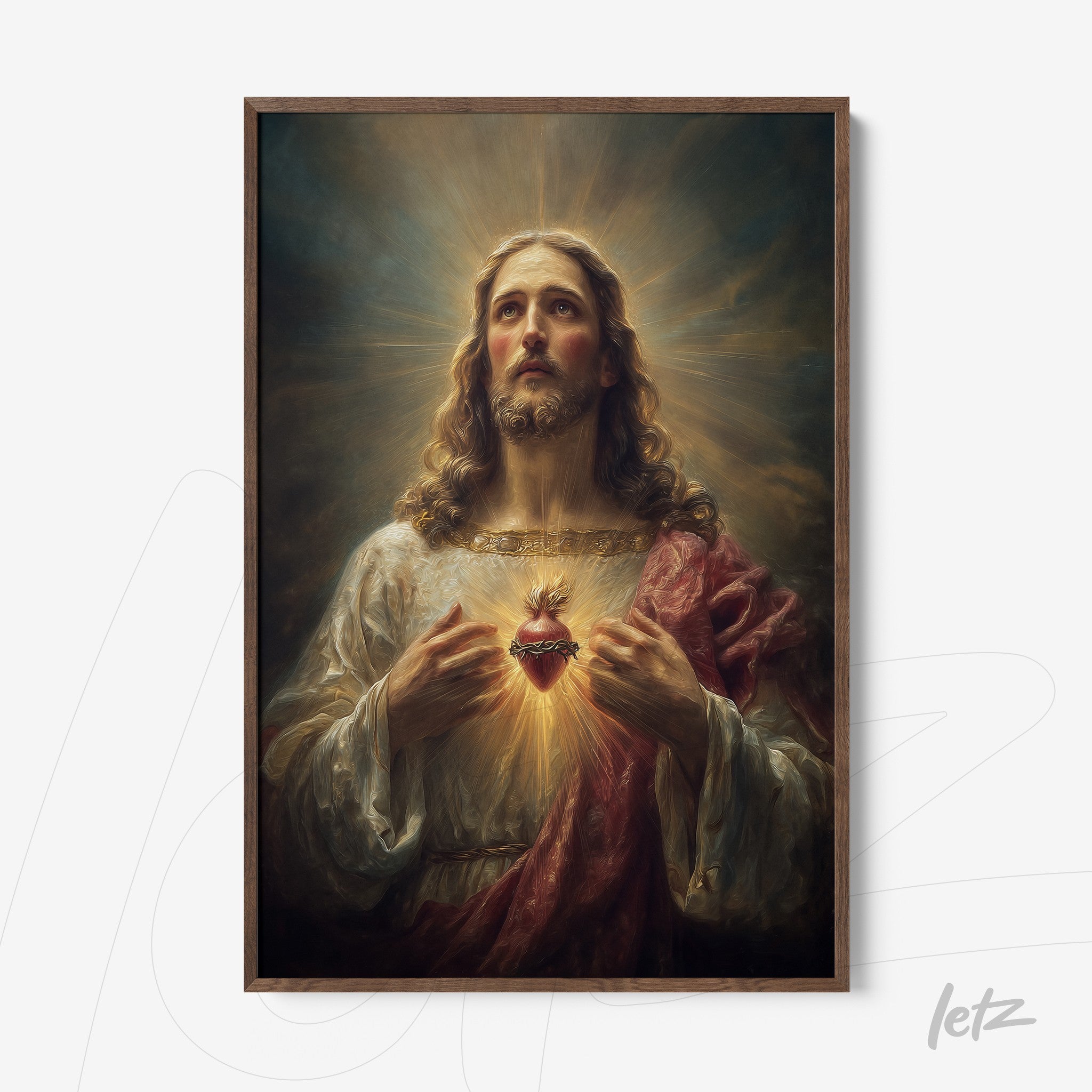 framed religious art of Jesus with sacred heart in light wood frame