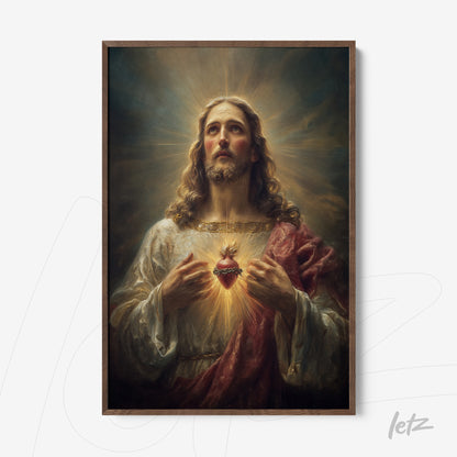 framed religious art of Jesus with sacred heart in light wood frame