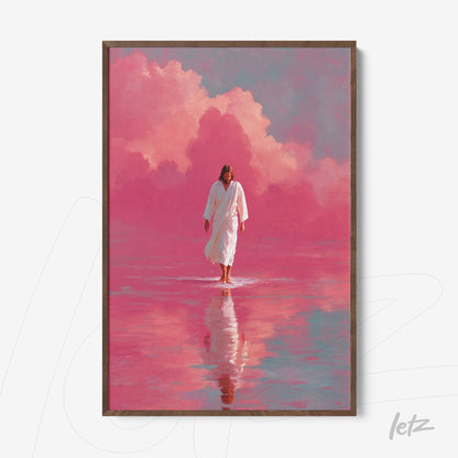 framed wall art depicting an angelic figure walking on water with reflection of pink clouds