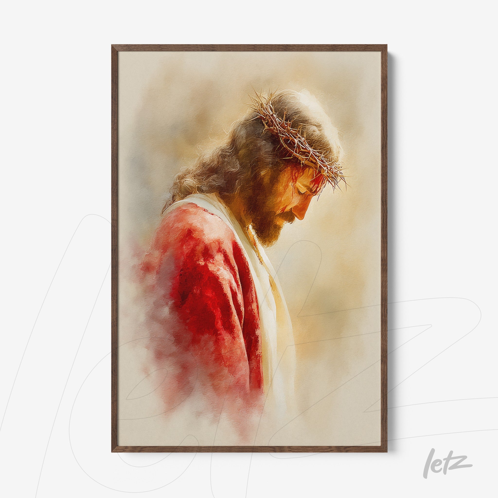 framed religious art depicting profile of jesus christ with thorn crown and dark wooden frame