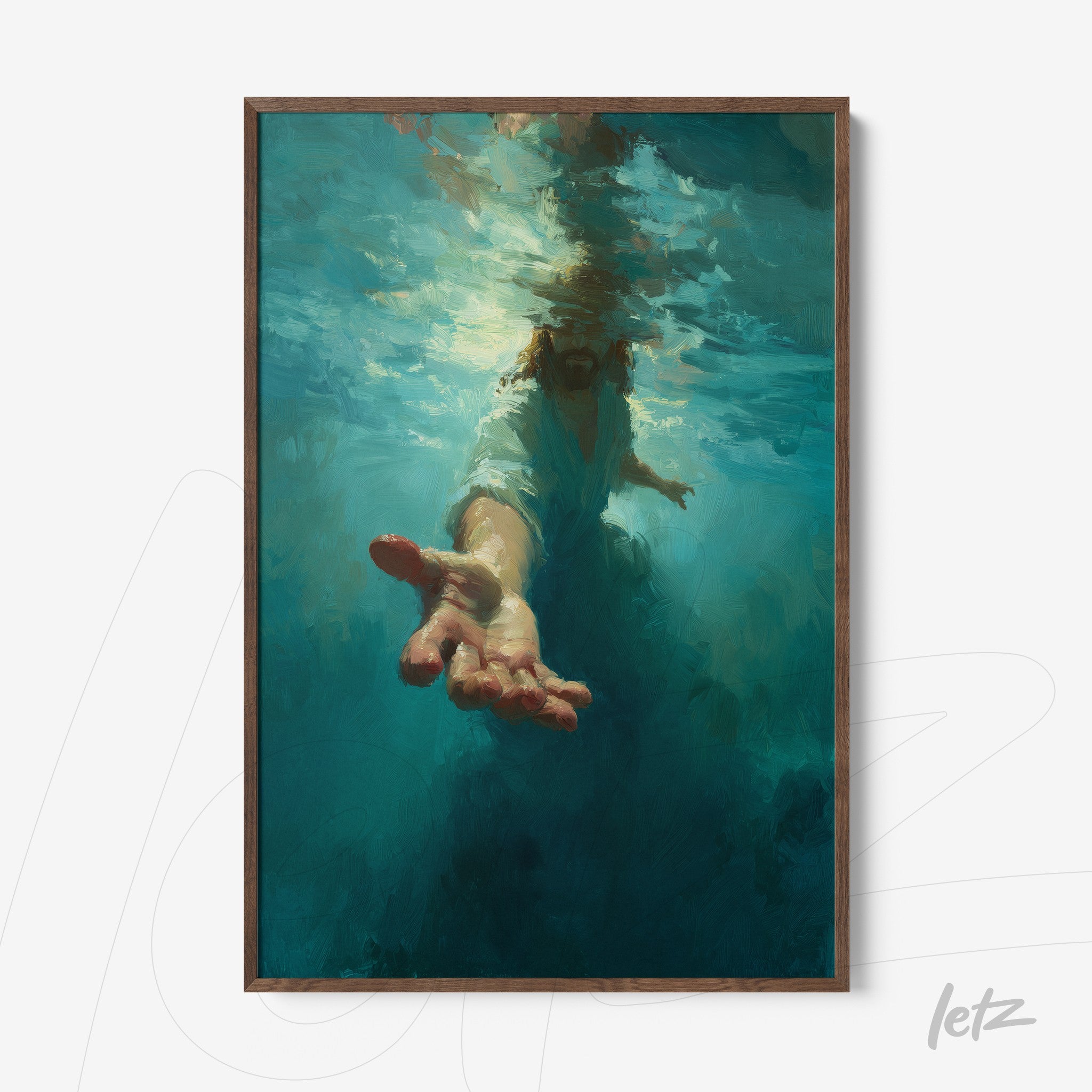framed painting of an impressionistic hand emerging from deep blue water with dark wood frame