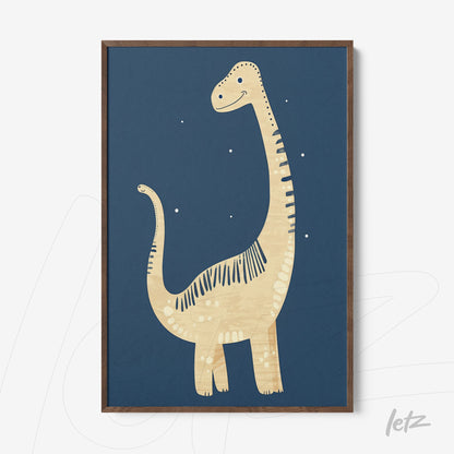 framed artwork of a cartoon dinosaur on dark blue background with dark wood frame