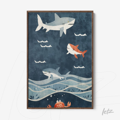 framed illustration of sharks swimming in a blue background with waves and a red crab at the bottom