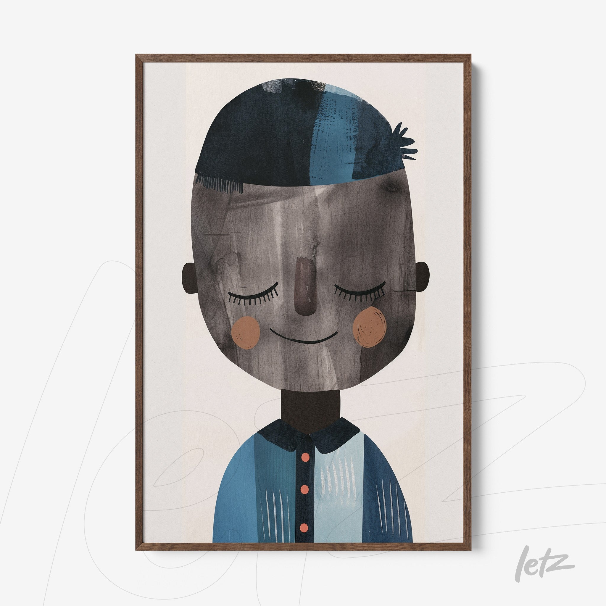 framed artwork depicting a smiling boy with dark skin and blue hair, wearing a blue shirt with red buttons