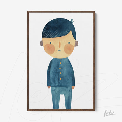 framed wall art of a smiling boy illustration with dark wood frame