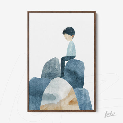 framed artwork of a boy sitting on rocks with a white background and dark wood frame