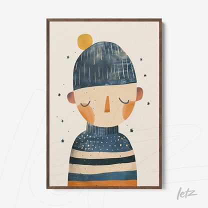 illustrative wall art of a character with striped hair and blue hat, dark wood frame