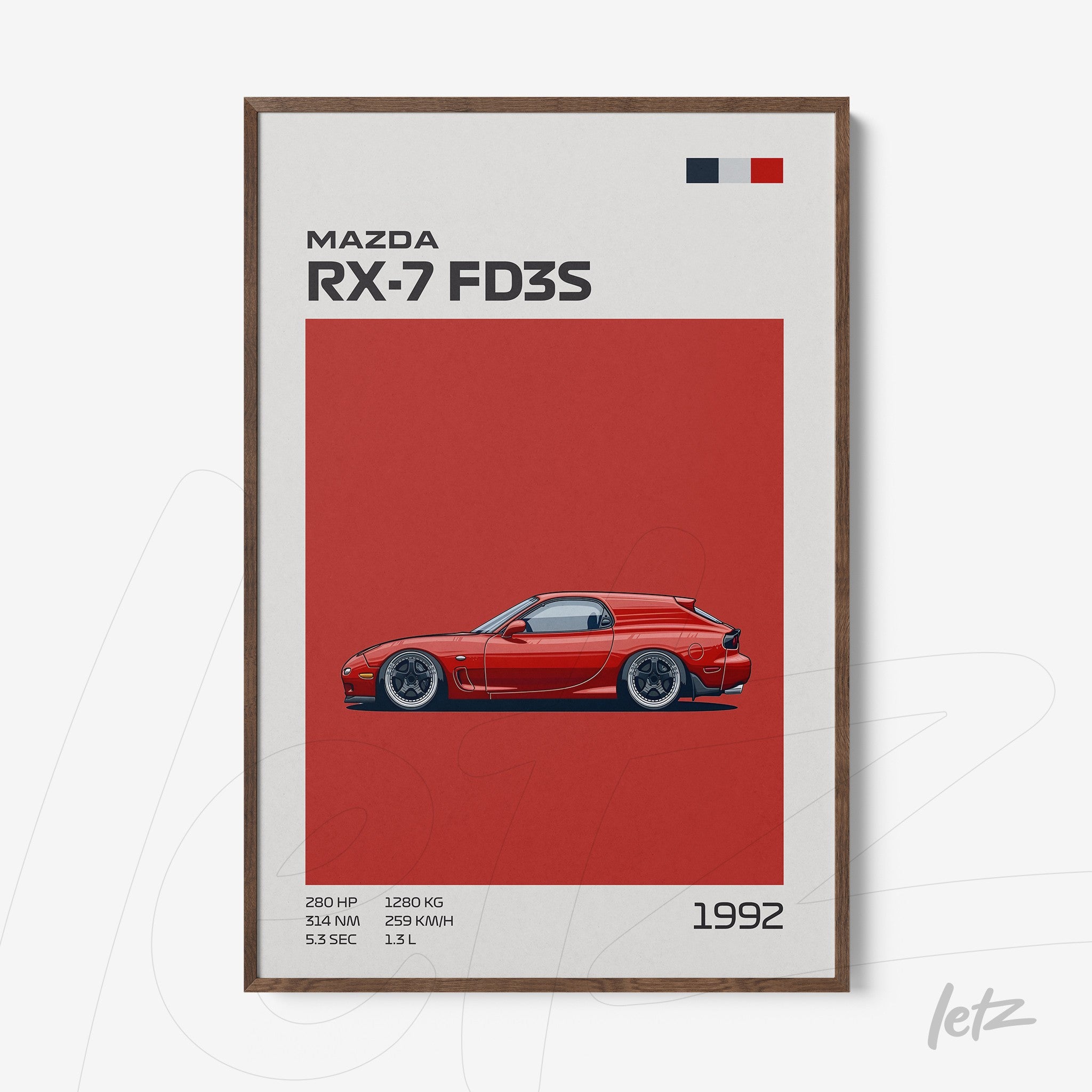 framed art featuring a sleek illustration of the Mazda RX-7 FD3S on a bold red background with dark wood frame